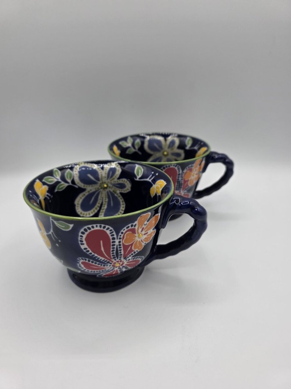 Yokohama Ceramic Hand-Painted Floral Coffee/Tea Cups 10 oz Set Of 2